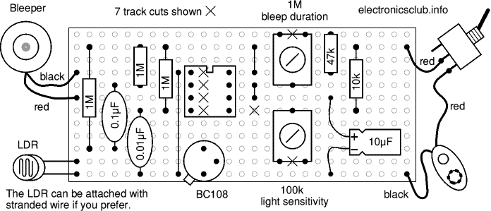 Stripboard layout for light-sensitive alarm