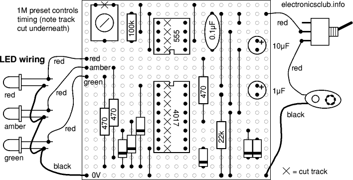 Stripboard layout for traffic light project